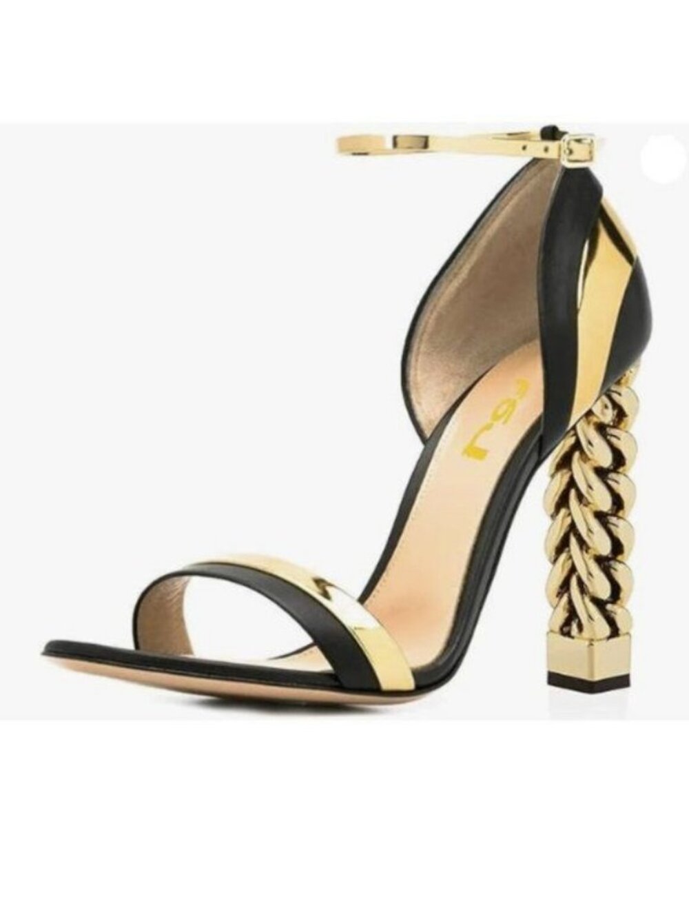 FSJ Women Flower Gold Metal Chain Chunky High Heels Ankle Strap Sandals Black